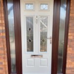 Composite Endurance door "Bowmont" in pearl grey and rosewood frame with fabian glass